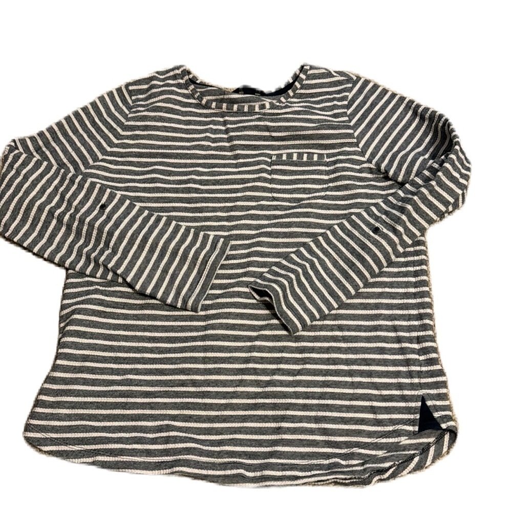 Lands' End Striped Navy Top Roll Tab Sleeves Pocket 100% Cotton Women's M EUC